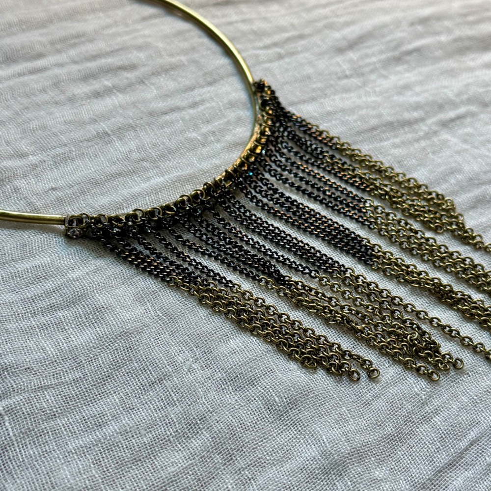 Rhinestone Fringe Choker Necklace Gold Tone Boho Festival Y2K Statement - Picture 6 of 10